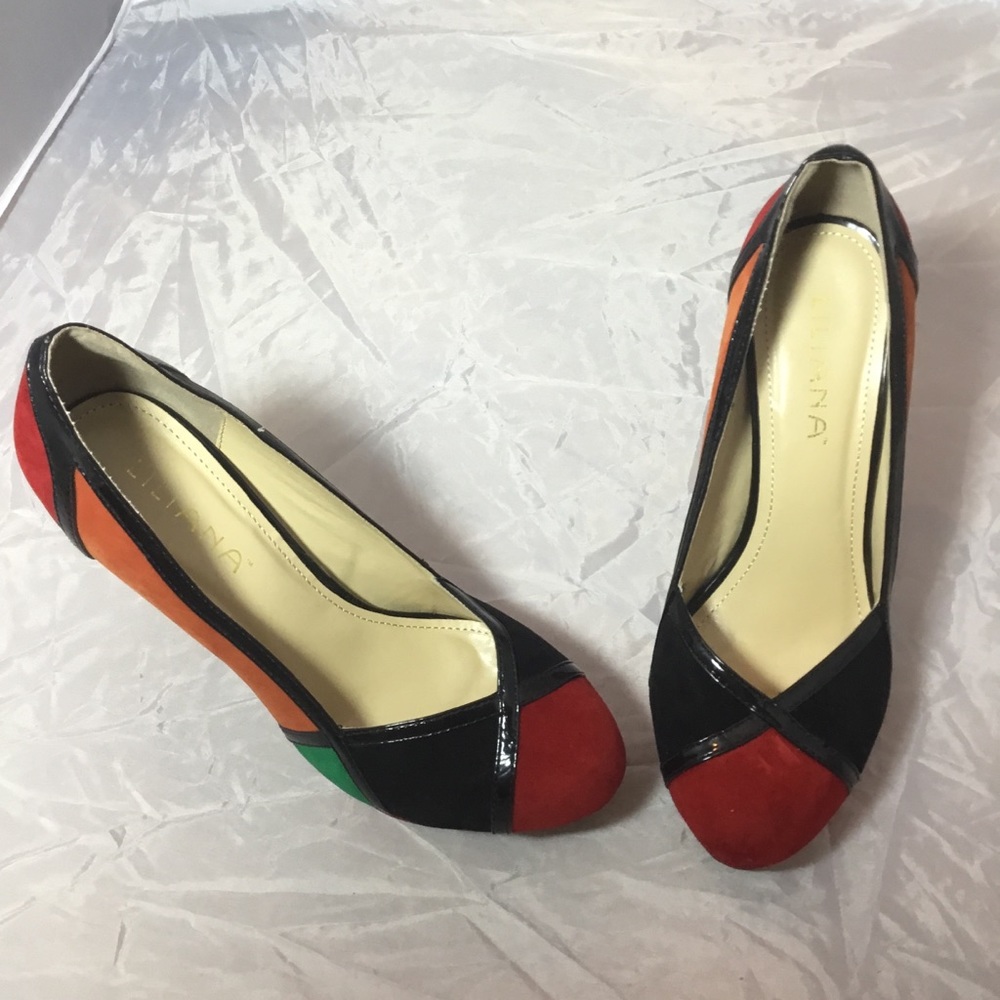 Liliana Red Orange Green and Black platform heels